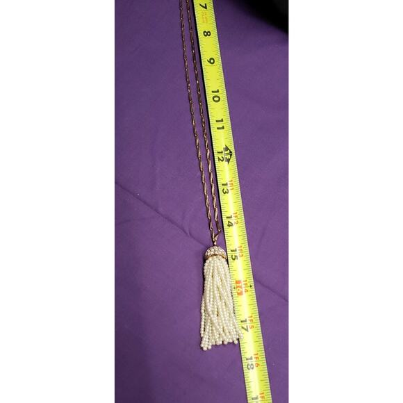Baublebar Signed Long Gold Tone, Faux Pearl & Rhinestone Accent Tassel Necklace - Picture 6 of 12